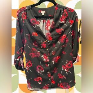 Guess Black and Red Floral Button Down Shirt